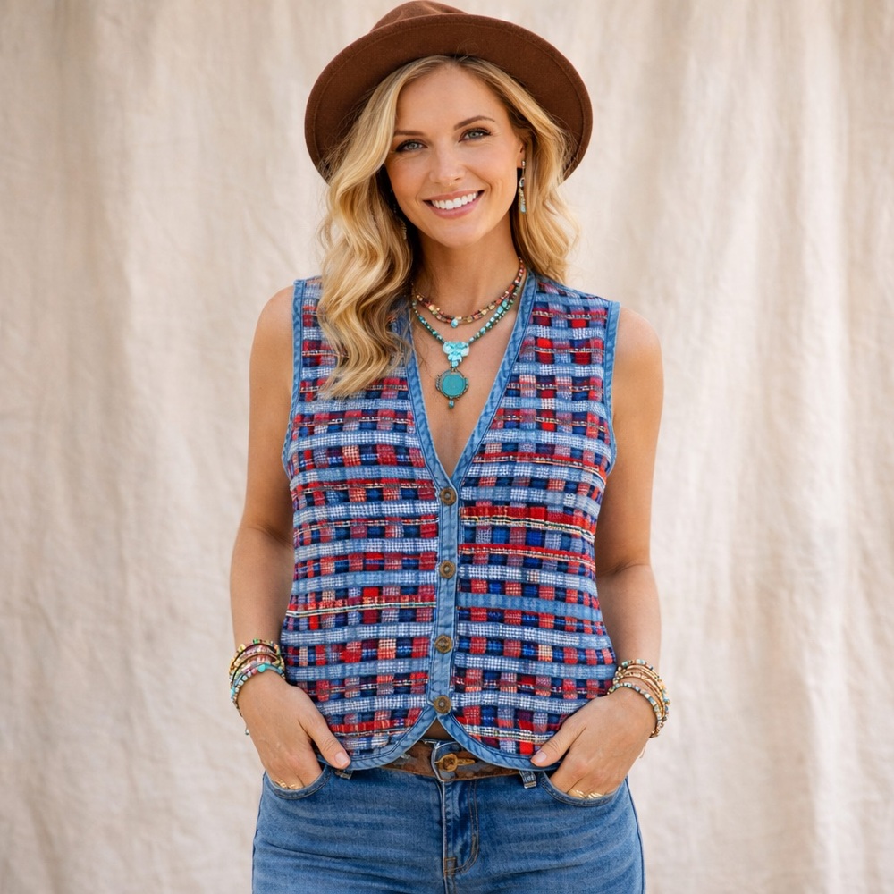 Koret City Blues Vintage Patchwork Woven Denim Vest Americana Size L